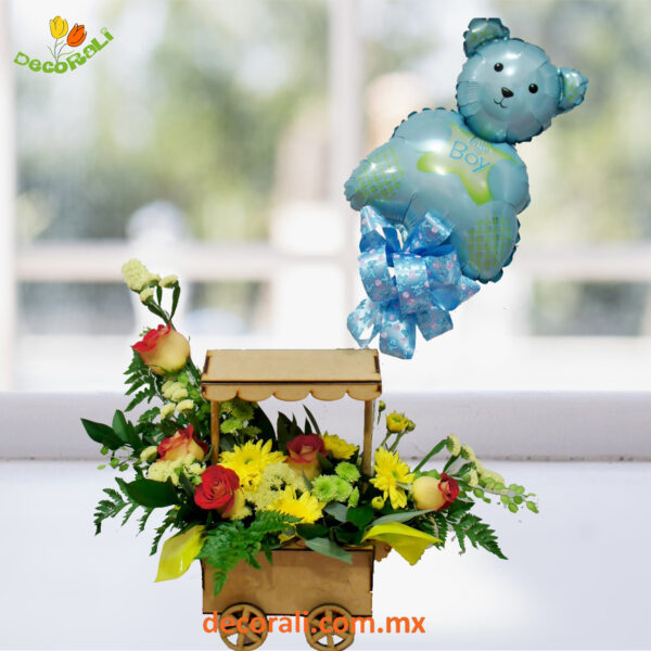 Cochecito de flores con globo